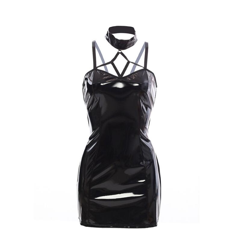 SZ60227 Black midi dress fashion sexy faux leather dress